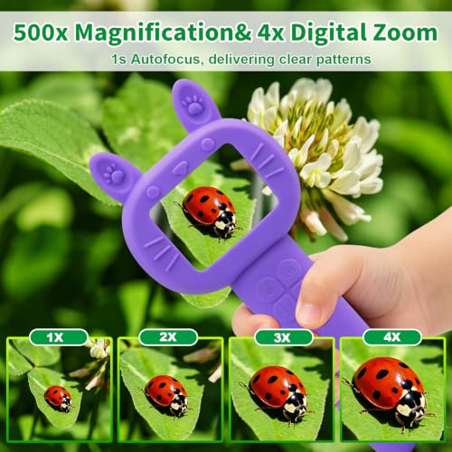 Microscope for Kids-Gifts for Boys 500x Magnification 1080P HD Display & 2 INCH IPS Screen Handheld Microscope for Kids Gifts for Age 3-6 7-12 Girls and Boys - color: Purple