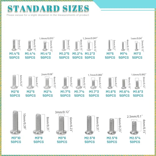 1200PCS Phillips Pan Head Small Machine Screws Assortment Kit M1-M3 Cross Round Head Screws Bolts Pan Head Machine Screw for Eyeglasses Watches Clocks Mobile Phone 24 Sizes Silver - color: Silver