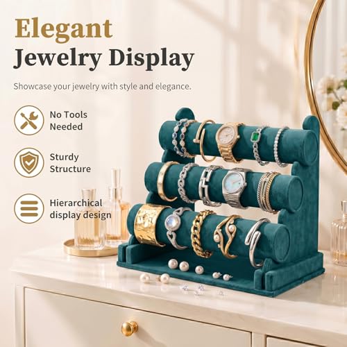 Barelove Velvet Bracelet Holder with 3 Tier Rack, Green T-Bar Storage Organizer Detachable Display Stand for Necklace Watch Bangles Bracelets Scrunchies Organization Showcase - color: Green