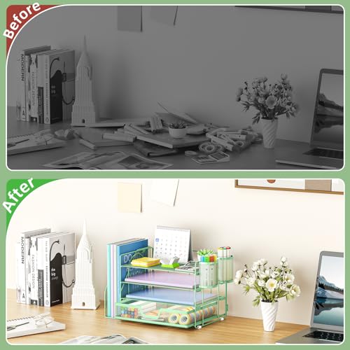 Marbrasse 4-Tier Paper Tray Organizer with Drawer and Pen Holder, Green - color: Green