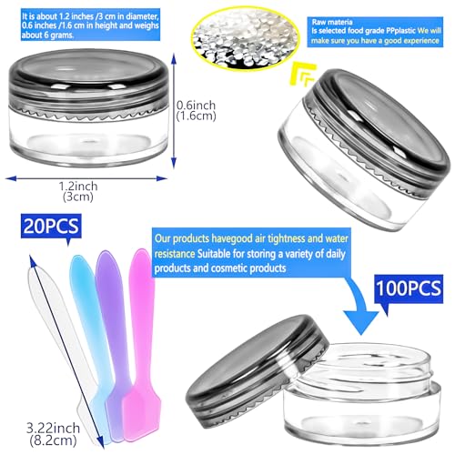 100 Pcs 5g Empty Plastic Containers with Black Lids,Mini Makeup Sample Containers, Small Sample Pot Jars Round Cosmetic Jars with Mini Spatulas for Liquid Sample Powder Creams Lotions - color: Black, size: 100PCS