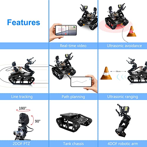 Smart WiFi Robot Kit for Raspberry Pi 5 4B 3B, 4DOF Robotic Arm Track Tank Chassis Robot Car with HD Camera Ultrasonic Infrared Sensor Programming Project for 14+(without Raspberry Pi)