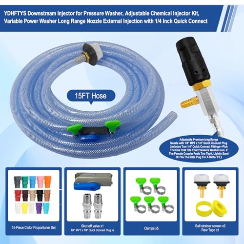 Adjustable Long Range Nozzle for Pressure Washer, Downstream Injection Spray Nozzle Kit 2–2.5 GPM, External Chemical Injector w/1/4" Quick Connect, 15FT Hose, Shut-Off Valve & Filter, 2000–3000 PSI. - size: Adjustable Downstream Nozzle Kit 2–2.5GPM