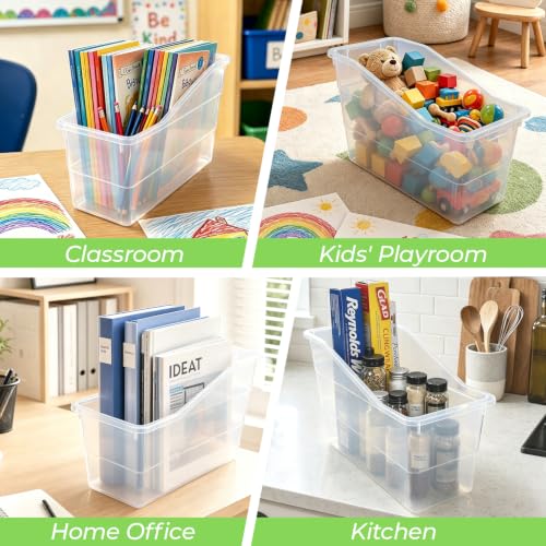 12 Pack Book Bins for Classroom Stackable Plastic Storage with Labels - color: transparent