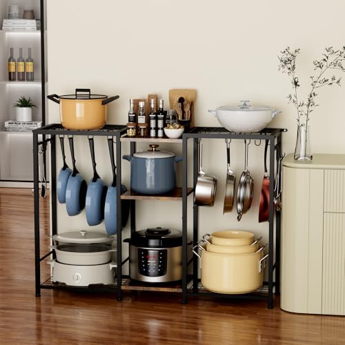 Pot Rack —Expandable Pot and Pan Organizer Rack, Freestanding Kitchen Pot and Pan Rack Storage Stand, Vertical Pan & Lid Hanging, Rustic Wood Top for Kitchen Storage & Organization