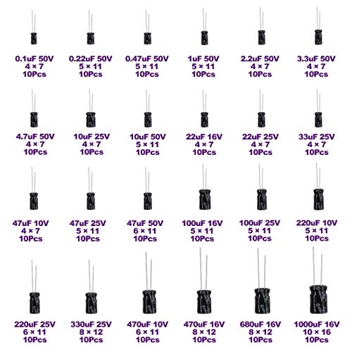 Swpeet 240Pcs 24 Kinds Different Electrolytic Capacitors Range 0.1uF-1000uF Assortment Kit, 10V/16V/25V/50V Aluminum Radial Electrolytic Capacitors for TV, LCD Monitor, Radio, Stereo, Game