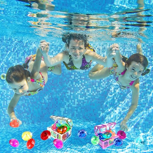 60Pcs Diving Gems Pool Toys Big Colorful Diamonds Set with Treasure Chest - color: Gold Bronze Chest + Shells Gems