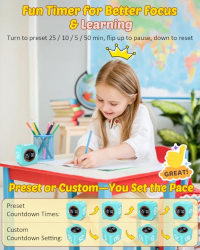 Digital Pomodoro Timer Cube 5/10/25/50min Preset, Silent & Sound Alarm - color: Mint Green