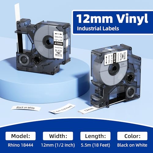 Compatible for Dymo Rhino 18444 12mm 1/2" White Industrial Vinyl Label Tape - size: 1/2 inch, style: Permanent Vinyl