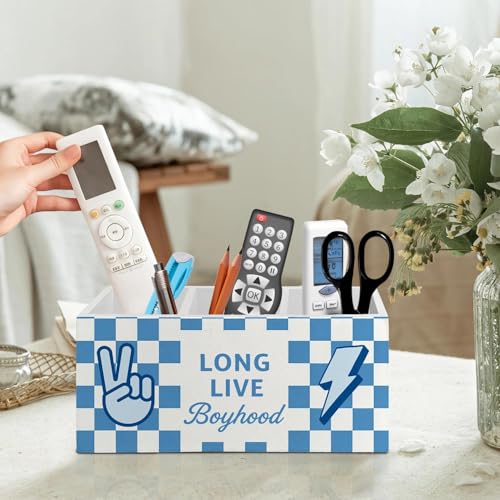 Long Live Boyhood Pen Pencil Holder Organizer for Desk Accessories, Little Boy Room Decor, Blue Wooden Box Signs Decorations for Kids Boys Room Bedroom Desk Tabletop - color: Color 04
