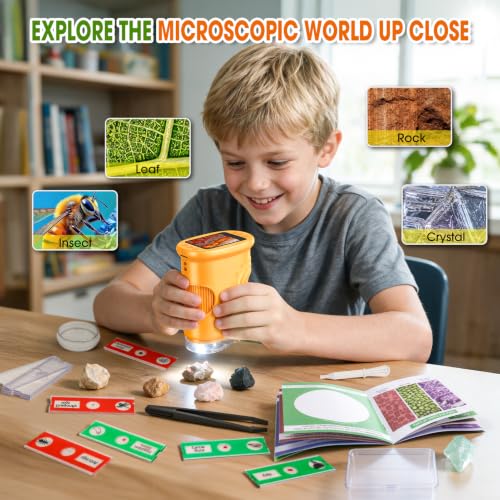 Kids Digital Microscope Science Kit, 4 5 6 7 8 9 10 Year Old Boy Girl Educational Science Birthday Gifts, STEM Toys with Mineral Specimens & Plant Insect Slides for Boys Girls Ages 5-12