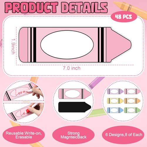 Geyoga 48 Pcs Pastel Crayon Magnetic Name Tags Dry Erase for Classroom - color: Pastel Colors, style: Crayon