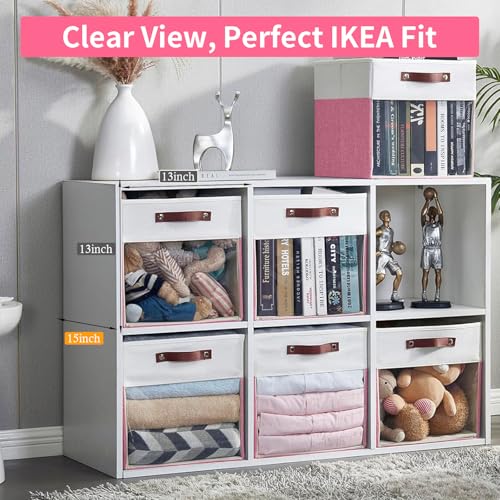 Bagnizer Storage Cubes, 4 Pack Linen Foldable Storage Bins with Clear Window and 2 Handles, 13x15x13 Storage Cube Bins for Shelf Closet, Kallax, Clothes, Books - (Pink / Off-White) - color: Pink / Off-White, size: 13 x 15 x 13