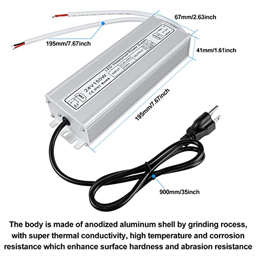 inShareplus LED Power Supply, 24V 150W IP67 Waterproof Outdoor Driver, AC 80-265V to DC 24V 6.25A Low Voltage Transformer, Adapter with 3-Prong Plug for LED Light, Computer Project, Outdoor Use - style: 24V 150W