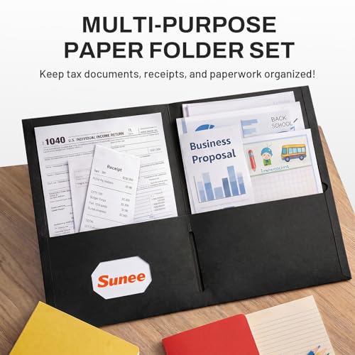 SUNEE Folders with Pockets, 50 Pack File Folders with Business Card Slot, Textured Paper, Fit Letter Size Paper, Paper File Folder for School Office Home Business, Black - color: Black