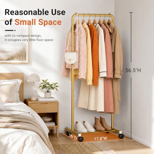 AOODA Small Clothing Rack for Hanging Clothes with Wheels, Gold