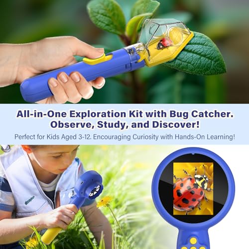 Kids Wonder Quest Microscope Camera with Bug Catcher, 2" Screen Portable Handheld Microscope for Kids, HD 500X STEM Science Toy with LED Lights, for Age 3-12 Girls & Boys Birthday Gifts (Blue)