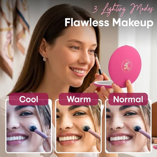 LED Compact Mirror with 1X/5X Magnification, 3 Light Modes CRI> 90 Travel Mirror with Auto On/Off, USB Rechargeable, Handheld and Portable Makeup Mirror for Travel & Purse – Hot Pink - color: Hot Pink