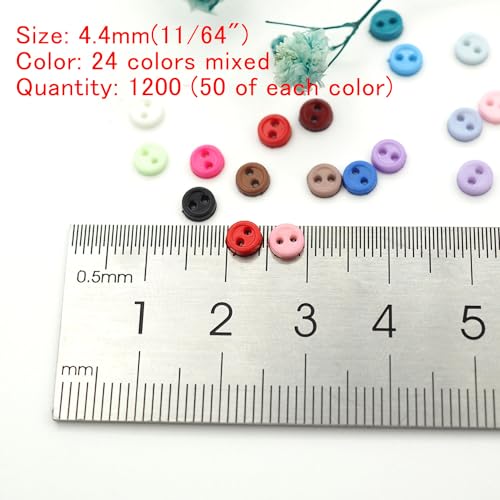 1200pcs Tiny Plastic Buttons 4.4mm(11/64") 2 Hole Mini Resin Round Button for tinyClothing Sewing Accessories DIY Hand Sewing AIDS (24 Colors Mixed 1200pcs, 4.4mm(11/64")①)