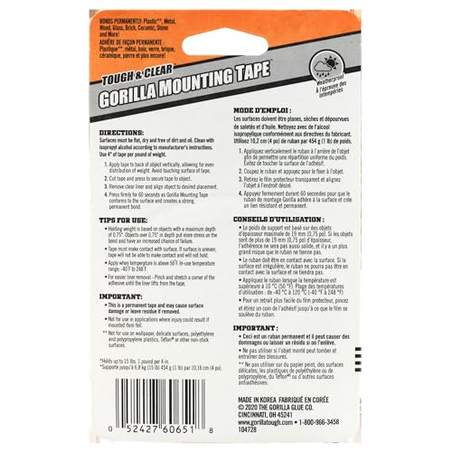 GORILLA Invisible Hold Mounting Tape, Holds Up to 15 lbs, Clear, 1" x 60" (Pack of 6) - size: 1" x 60" (Pack of 6)
