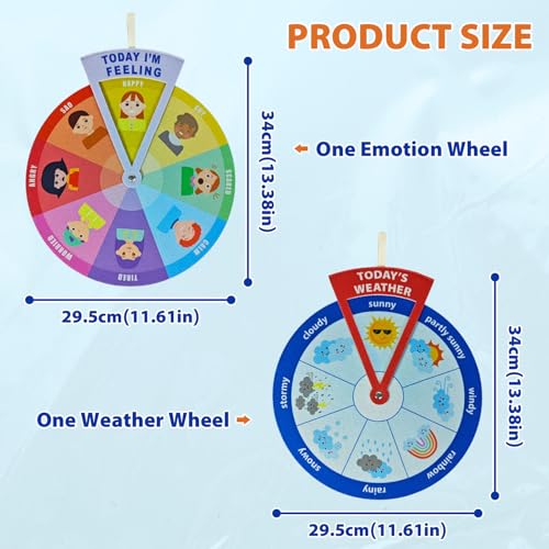 2-in-1 Emotion Wheel & Weather Chart for Kids - Interactive Social Emotional Learning (SEL) & Weather Forecast Preschool Toy, Felt Spinner Set for Classroom & Home (2 Pack) - color: Feeling & Weathers Multicolor