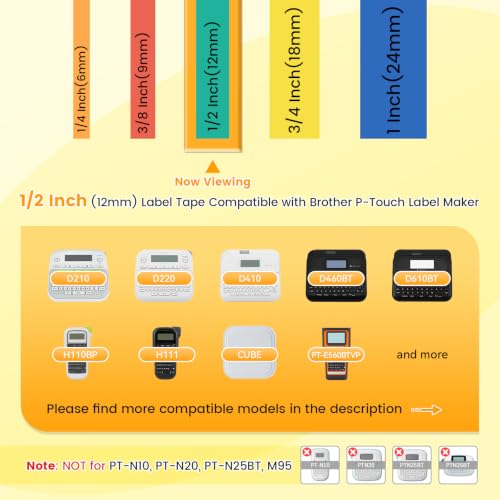 5X Compatible with Brother Label Maker Tape 12mm 0.47 Colored TZe Laminated - color: Black Ink on Orange/Yellow/Red/Blue/Green Tape, size: 1/2 inch 26.2 feet (12mm x 8m)
