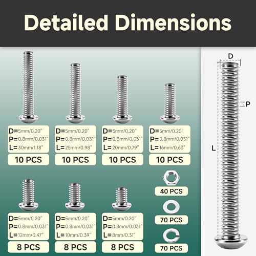 244Pcs M5 Metric Screw Assortment Kit, M5 x 8/10/12/16/20/25/30mm Machine Screws with Lock & Flat Washers, 304 Stainless Steel Button Head Socket Cap Metric Assorted Nuts and Bolts - color: (Silver) Button Head, size: 244Pcs M5-0.8
