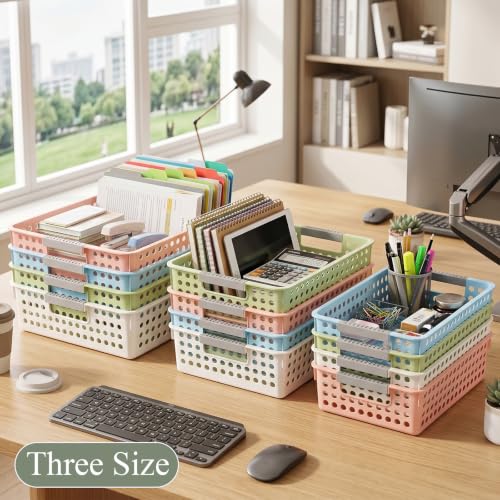 12 Pack Turn in Stackable Paper Trays for Classroom, 3 Size, Colorful Plastic Paper Bins with Handles Storage Basket Organizers for School Supplies A4 Documents Organization