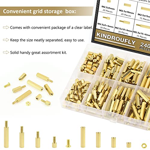 240 Pieces M2.5 Male Female Hex Brass Standoffs Spacers Screws Nuts Kit, Kindroufly Brass Standoffs Assortment Kit for PCB Motherboard - size: M2.5 Brass Standoffs