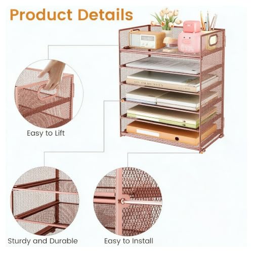 6 Tier Paper Organizer with Handle,Construction Teacher Desk Decor,Rose Gold - color: Rose Gold