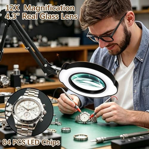 12X Magnifying Glass with Light and Clamp, 84 LEDs Real Glass Lens Magnifying Lamp for Close Work, Repair, Reading, Craft(Top Button) - color: Black 2