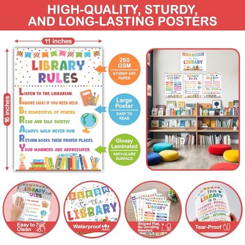 Lalunia 4 Pcs Library Rules Poster (11"x16") - Classroom Library Decorations for Librarian, Media Room, Back to School Educational Posters, Library Bulletin Board Sets, Reading Corner Decor - color: Library