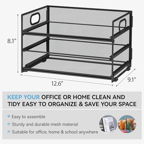 Subekyu 3 Tier Paper Letter Tray Organizer for Desk, Black Metal Mesh Desk File Folder Sorter Organizer with Handle and Sliding Tray for Home, Office, School Supplies Organization Storage - color: Black, size: 12.6" x 9.1" x 8.1"