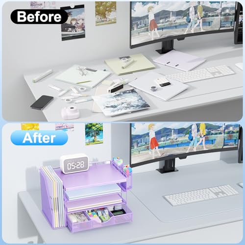 gianotter Wood Desk Organizers and Accessories with File Holder, 4-Tier Desk Accessories & Workspace Organizers with Drawer and 2 Pen Holder, Desk Reference Organizer (Purple, 4T with Metal Drawer) - color: Matte Purple