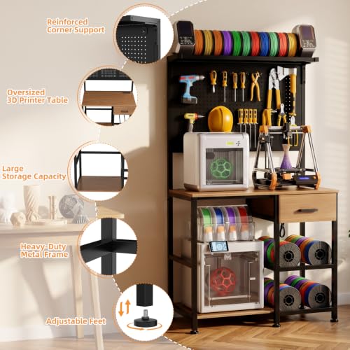 3D Printer Stand with Filament Storage Workstation and Drawer - color: Black+Brown