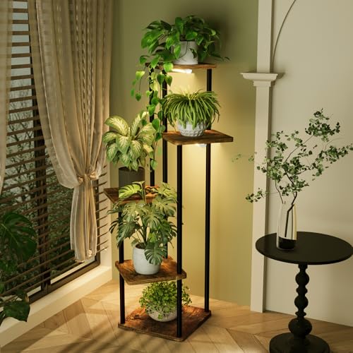 Bamworld Plant Stand Indoor with Grow Light 5 Tier Corner Plant Shelf - color: Brown Oak pro, size: 5 Tier