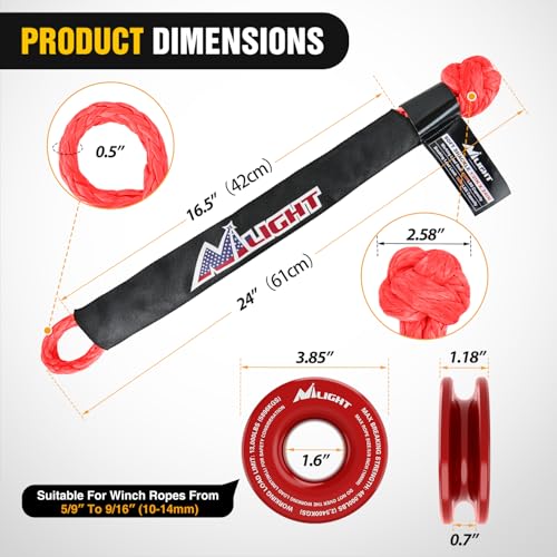 Nilight 2PCS Synthetic Soft Shackle 1/2" x 24" & Recovery Ring Kit - color: 2Pcs Shackles Red + Snatch Ring Red