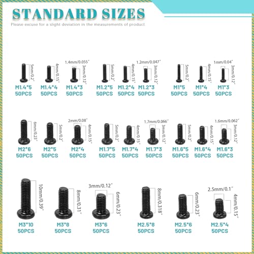 1200PCS Phillips Pan Head Small Machine Screws Assortment Kit M1-M3 Cross Round Head Screws Bolts Pan Head Machine Screw for Eyeglasses Watches Clocks Mobile Phone 24 Sizes Black - color: Black