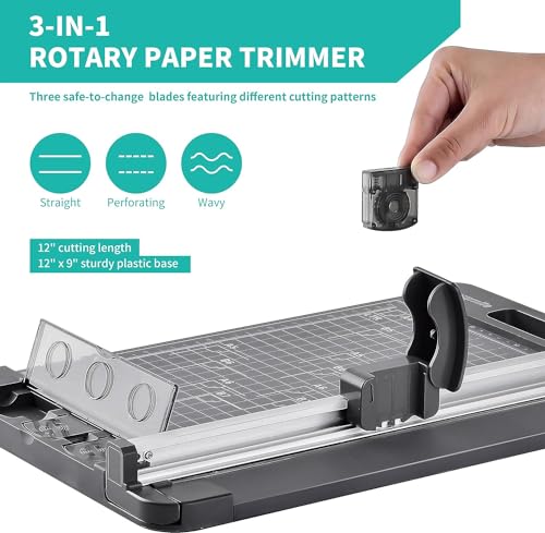 Rotary Paper Cutter, 3-in-1 Paper Trimmer, 12 Inch Cutting Length with Straight Cut/Perforating Cut/Wavy Cut, Enclosed Blades for Safe Use, Ideal for Cardstock/Paper Craft Projects