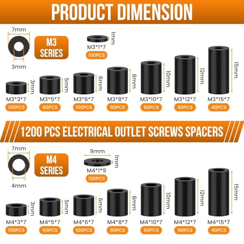 Aifeier ET 1200 Pcs Electrical Outlet Spacers for M3 M4 Screws, Nylon Black