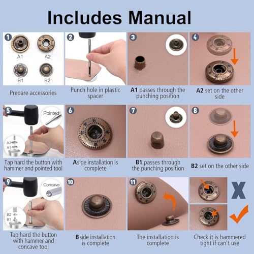 Alritz 15mm Leather Snap Fasteners Kit 72 Set 4 Colors with Hammer Puncher - style: 15mm+Hammer