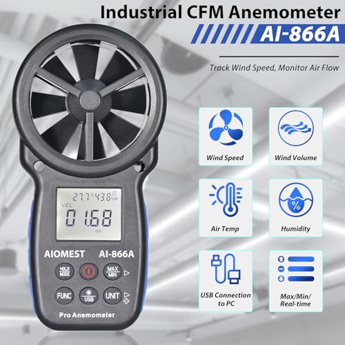 HVAC CFM Anemometer 90Mph, AIOMEST Handheld Air Flow Velocity Meter 866A