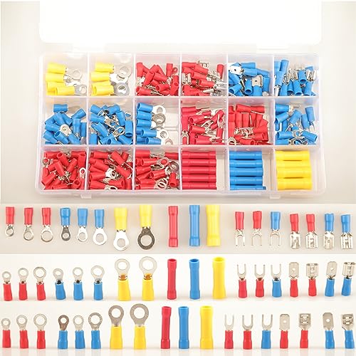 300pcs 18 Types Crimp Connectors, Ring Spade Fork Butt Wire Connectors Kit, 6.3mm Male and Female Spade Connector kit, Quick Disconnect Crimp Terminals Electrical Connectors, Electrical Terminals - size: 300pcs