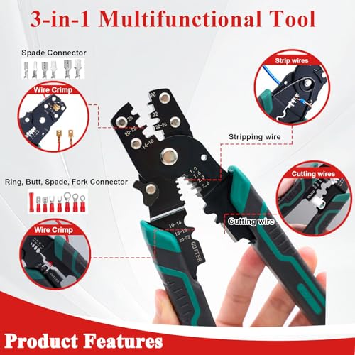 Tnisesm Spade Connector 16 Types with Professional Wire Stripper/Wire Crimping Tool, Wire Cutter, Wire Crimper, Cable Stripper, Wiring Tools and Multi-Function Hand Tool - color: 281Pcs Spade, size: Crimp style