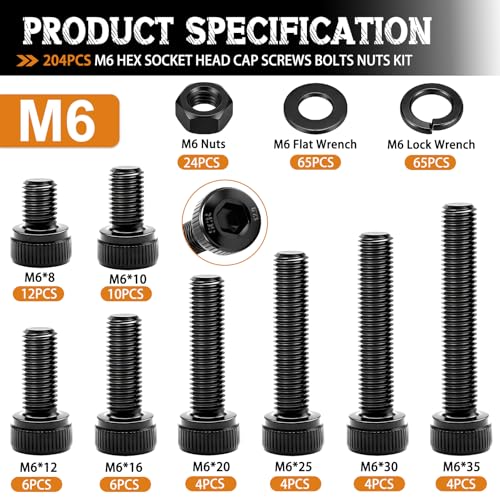 mankk 204PCS M6 Screws Kit M6 x 8/10/12/16/20/25/30/35mm Hex Socket Head Cap Bolts Nuts & Washers Assortment Kit 12.9 Grade Alloy Steel Machine Screws - size: 204PCS M6 Kit