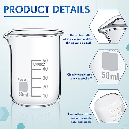 Tanlade 20 Pcs 50 ml Glass Beakers with Spout, Borosilicate Lab Beaker - size: 50 ml