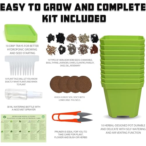 Meekear 10 Herb Seeds Garden Starter Grow Kit with Green Pots, Markers, Soil Discs, Watering, Herb Clipper, Complete Indoor Potted Plant Growing Set for Kitchen DIY - color: green