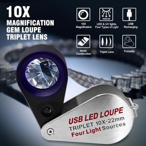 10X Jewelers Loupe Magnifier Rechargeable with Four Light Modes (UV & LED) - color: Silver