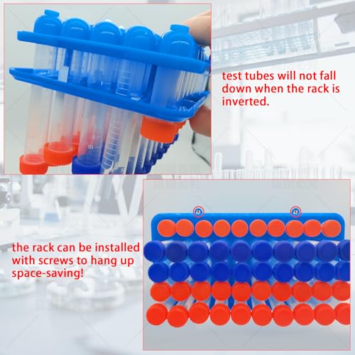 50-Well Test Tube Rack with silicome pad,Plastic Test Tube Holder for 5ml/10ml/15ml Tubes,Pack of 5pcs(Blue Green Orange Yellow Pink)