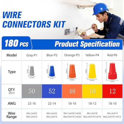 180 PCS Wire Connectors Nuts, Electrical Wire Caps Small Wire Assortment Nuts Kit, Assorted Electric Cap for Wiring, Twist-On Wire Screw Connector for Home, DIY Projects & Commercial Use - color: 180PCS-Assorted